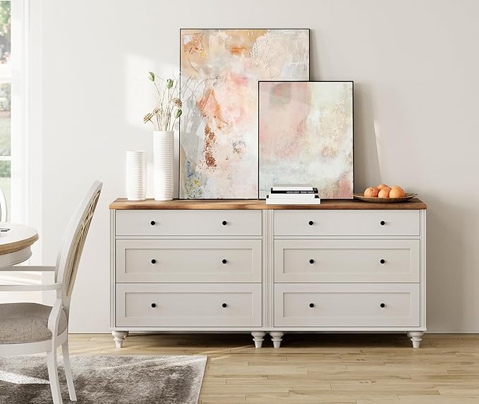 WAMPAT White Dresser for Bedroom with 6 Drawers, Wood Dressers with Wide Chest of Drawers, Mid Century Modern Wooden Closet Storage Organizer, Large Kids Dressers for Nursery, Living Room, Hallway