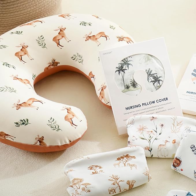 GRSSDER Reversible Nursing Pillow Cover, Ultra Soft Stretchy Minky Removable Nursing Covers Fitted for Breastfeeding Pillows Snug and Safe, Elk