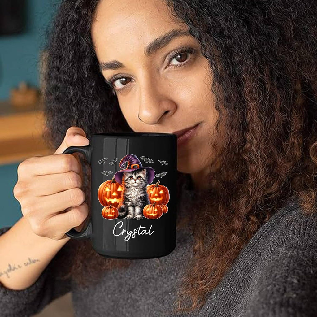 Personalized Halloween American Curl Ceramic Mug 11oz 15oz, Custom Name American Curl Wearing Witch Hat Coffee Cup, Cat with Pumpkins Halloween Black Cup, Spooky Cat Mug Gift for Pet Lover