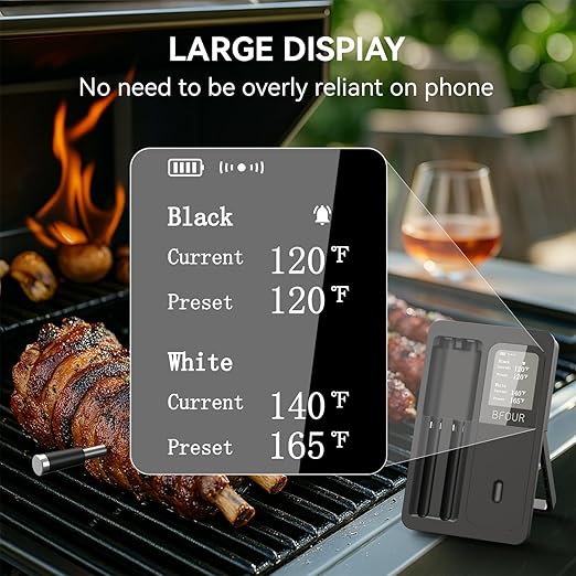 BFOUR 524FT Meat Thermometer Digital Wireless with Smart App, Bluetooth Smoker Cooking Thermometer with LCD Booster, IP67 Waterproof & 752°F Heat Resistance 2 Meat Probes for Food Grill Oven and BBQ