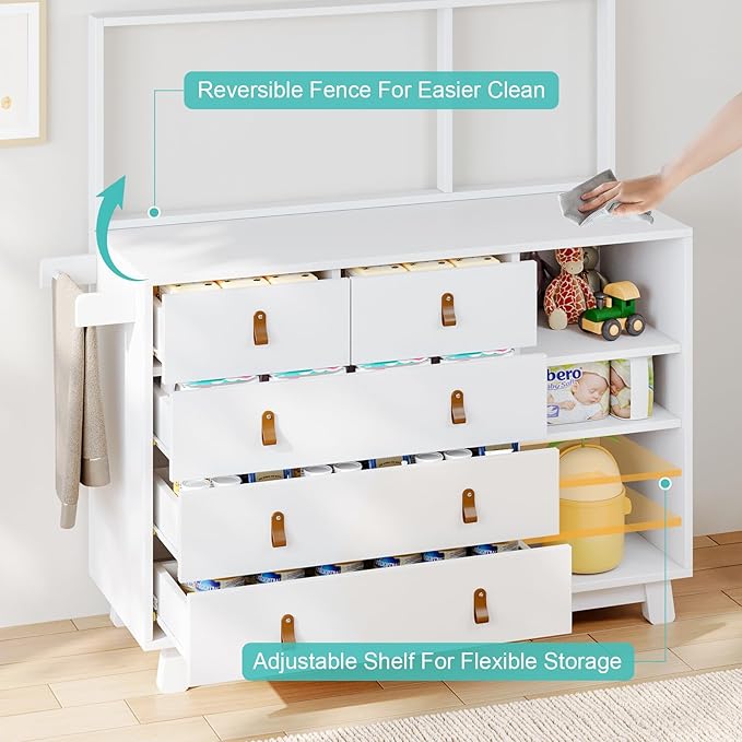 Baby Dresser with Changing Table Top, Nursery Dresser with 5 Drawers and Adjustable Shelves, Storage Organizer for Kids Bedroom, White