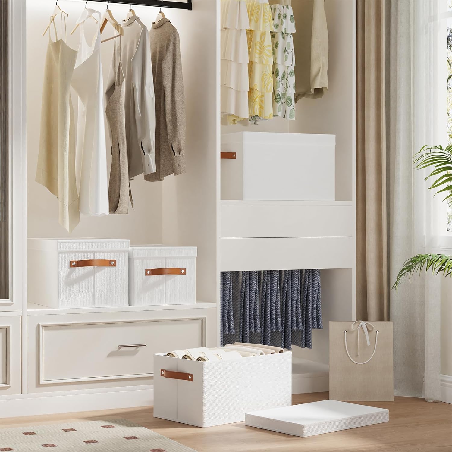 Fabric Storage Bins, Clothes Boxes for Shelves with Lids, Baskets for Organizing with Handles, Decorative Linen Closet Organizers, White, 1 Pack, 15 x 9.8 x 8.3 Inch