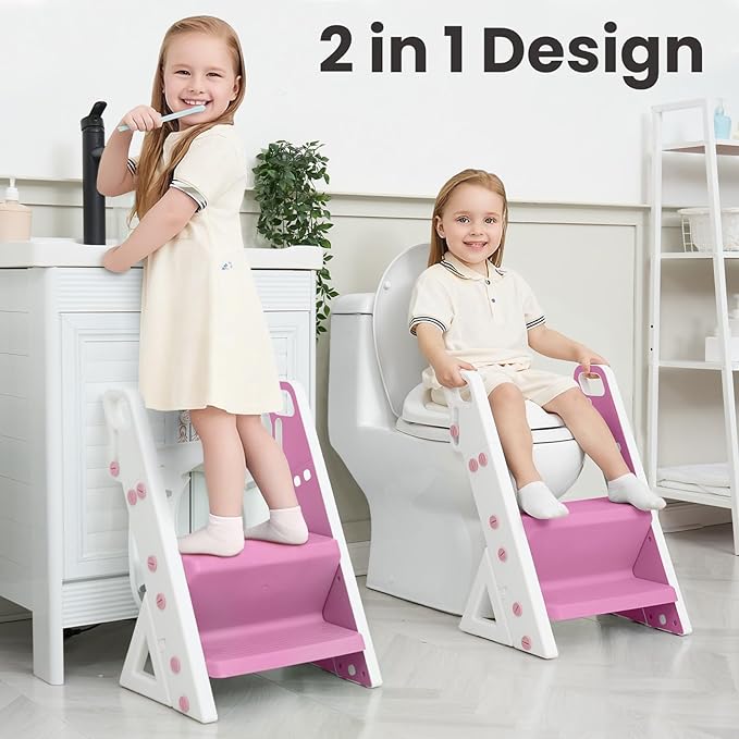 Primlect Space-Saving Potty Training Seat with Ladder, Adjustable Step and Toilet Seat Height, Top Handles for Easy Climbing, Easy to Carry, Portable Toddler Toilet Trainer for Small Bathrooms