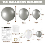 JOYIN 150 Pcs Metallic Silver Balloons, Different Sizes 18 12 10 5 Inch Silver Latex Balloon Arch Kit with Instruction for Birthday Party Graduation Wedding Holiday Decoration