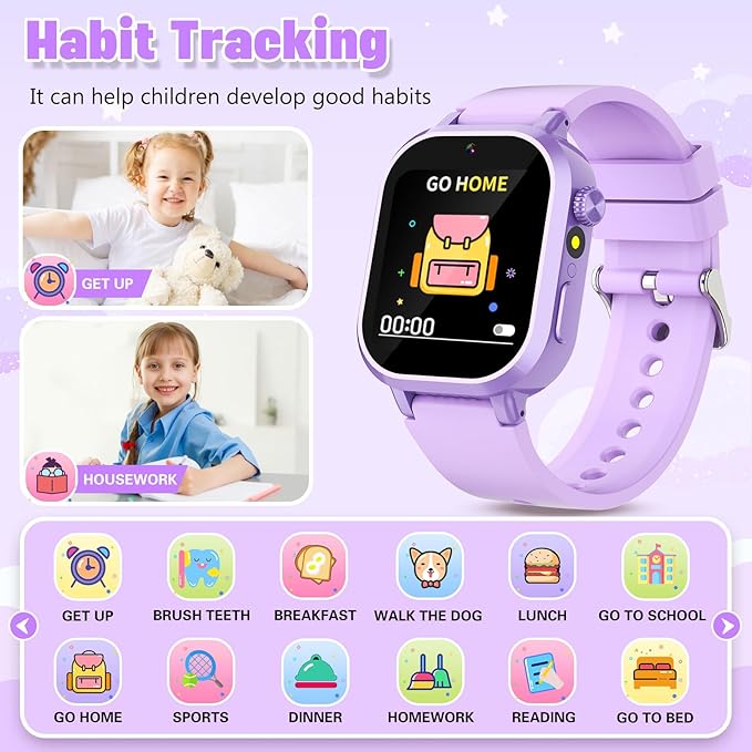 Kids Waterproof Smart Watch Girls Gift Age 3-12 with 39 Game HD Touch Screen Music Player Video Camera Pedometer Alarm Clock Toys Birthday Gifts for 6 7 8 9 Year Olds Purple