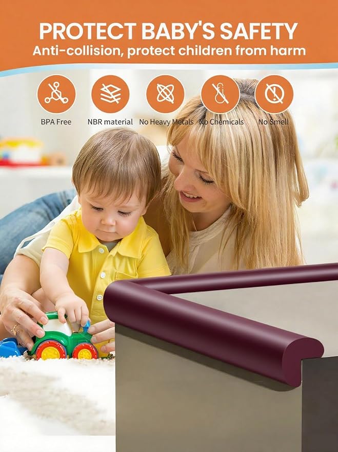 Baby Proof Edge Corner Protector, 6.56FT 0.47''Th L-Shape Furniture Corner & Edge Safety Bumpers with 6 Corners, Pre-Taped, Soft NBR Rubber Foam Desk Edge Cushion Wall Corner Protector（Brown）