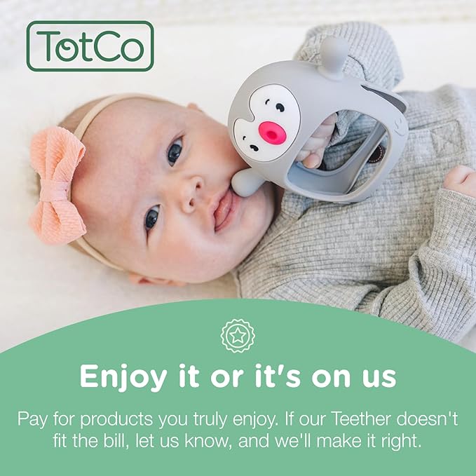 Teething Toy for Infants & Babies, Teethers for Babies 3-6 Months, Baby Teethers 0-6 Months, Teething Toys 6-12 Months, TotCo Never-Drop Baby Teething Toy, Grey