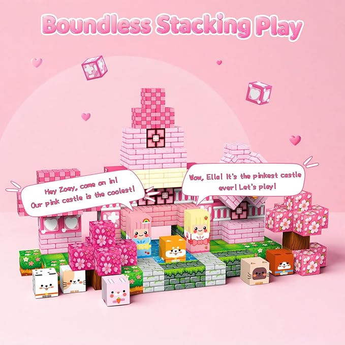 Magnetic Building Blocks, STEM Toys Educational Magnet Cubes for Kids Ages 4-12 (Pink Castle-150pcs)