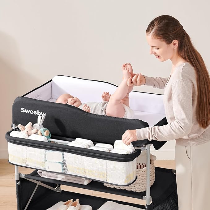 Sweeby Portable Baby Changing Table, Foldable Diaper Changing Station with Waterproof Pad, Mobile Nursery Organizer for Infant & Newborn Essentials, Black
