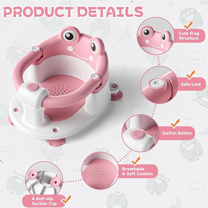 Baby Bath Seat for Babies 6 Months & Up - Toddler Bath Seats for Baby Sitting Up with 4 Suction Cups & Soft Cushion, Non-Slip Infants Shower Bathtub Chair for Newborn Girls, Pink
