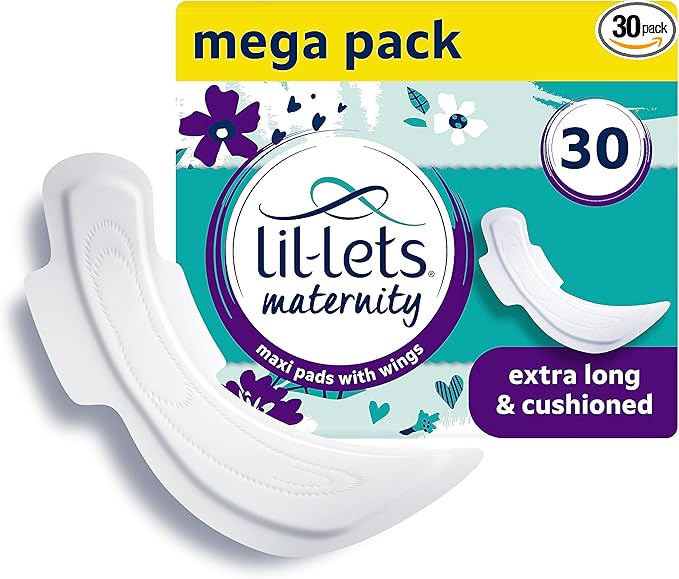 Lil-Lets Extra Long Postpartum Maxi Pads with Wings – 30 Pack Bundle for Post-Natal Bleeding & Heavy Flow – Postpartum Essentials - Extra Absorbent, Soft & Cushioned Maternity Towels, Fragrance-Free