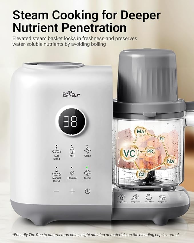 Bear Baby Food Maker with Two Layer Steam Baskets, Multifunction Baby Food Processor Steamer Puree Blender, Baby Food Mill with Bottle Warming Sterili-zing Auto Cleaning Function, BPA-Free, White