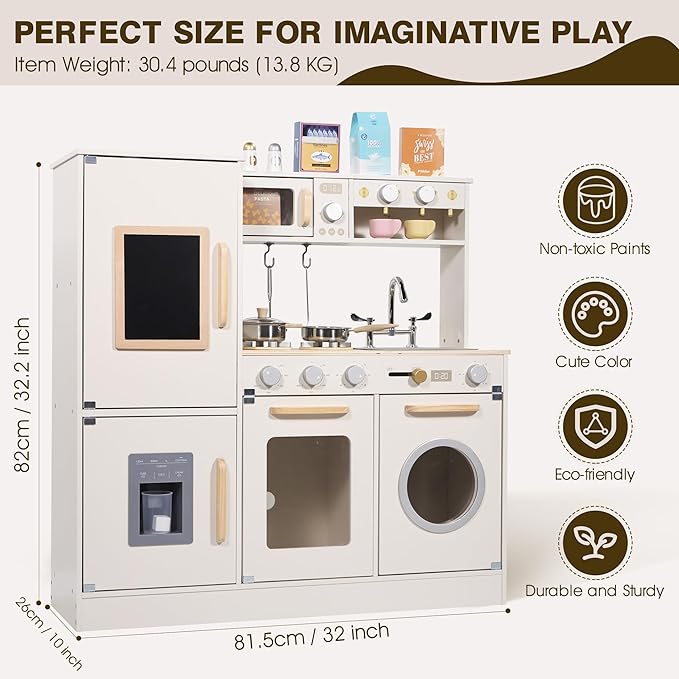 Wooden Kitchen Playset for Kids Toddler, Pretend Play Kitchen Set Toy for Girls and Boys, with Kitchen Accessories