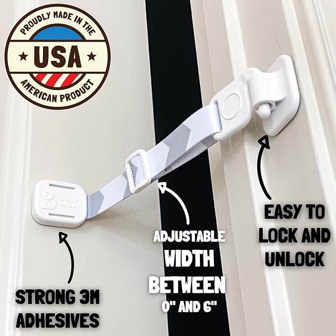 Door Buddy Baby & Cat Door Latch - Grey. Adjustable Strap Keeps Kids Out of Cat Areas. Simple Child Safety Lock for Doors. The Easier Baby Gate and Kitty Door Interior Alternative.