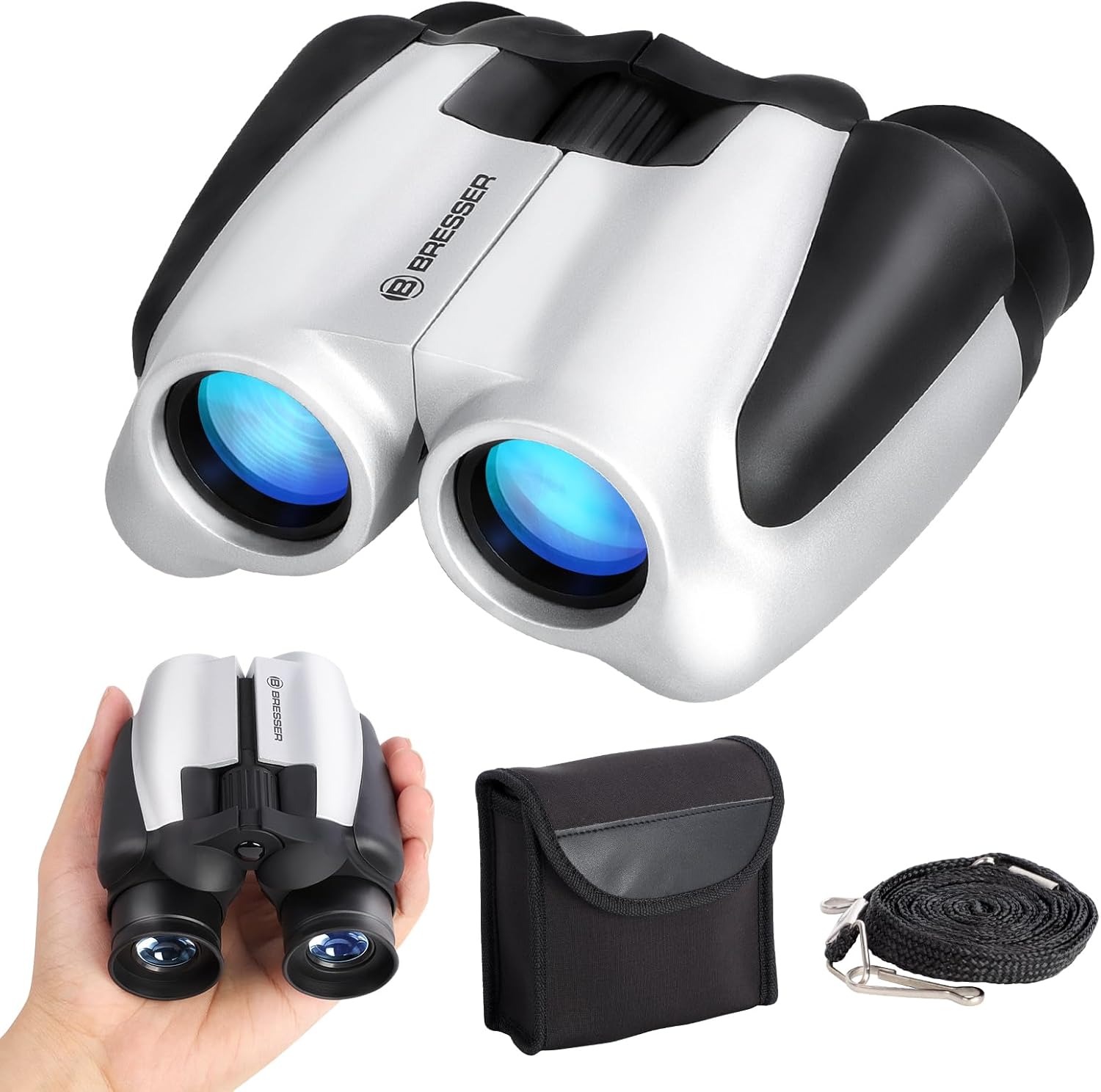 BRESSER 10x25 Binoculars for Adults and Kids, Folding Compact Binocular with Weak Light Vision, Lightweight Small Binoculars for Bird Watching, Travel, Concerts, Hunting, Hiking (White)