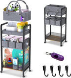 2IN1 Baby Diaper Caddy Organizer-3 Tier Rolling Storage Cart with Dividers - Bedside Diaper Caddy Cart for Baby Nursery Newborn Essentials-Mobile Utility Carts with Wheels for Changing Table