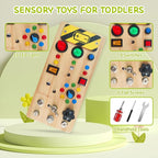 TenFans Montessori Busy Board with 8 LED Light Modes - Sensory Toys for 1-3 Year Olds & Airplane Travel, Wooden Activity Board Develops Fine Motor Skills