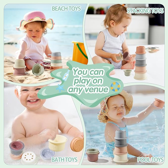 Baby Bath Toys for Kids Ages 1-3, 14 PCS Mold Free Bath Toys for Toddler with Stacking Cups & Bath Spoons, Bathtub Water Toys for Babies 6-12 Months Early Learning Educational Gifts