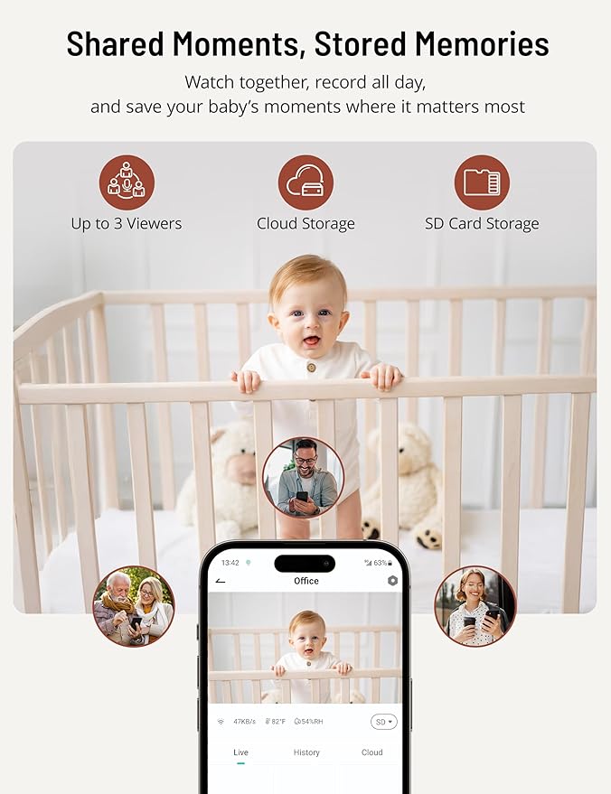 PARIS RHÔNE 2K Split-Screen Baby Monitor, 5” Smart Video Baby Monitor with 2 Cameras, Dual WiFi Cameras with App Control, Night Vision, Motion & Cry Alerts, Auto Tracking, RGB Night Light, Lullabies
