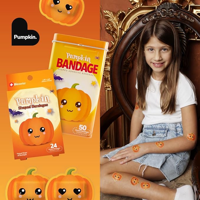 BioSwiss Bandages, Halloween Pumpkin Shaped Self Adhesive Bandage, Latex Free Sterile Wound Care, Fun First Aid Kit Supplies for Kids, 24 Count