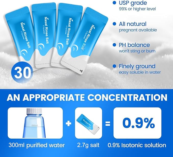 Neti Pot Sinus Rinse Bottle Nose Wash Cleaner Pressure Rinse Nasal Irrigation for Adult & Kid BPA Free 300 ML with 30 Nasal Wash Salt Packets and Sticker Thermometer(Blue)