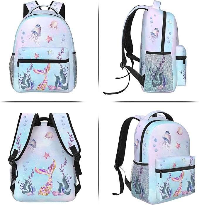 Girls Mermaid Backpack, Girl's Dreamy Underwater World School Bag with Jellyfish & Starfish Prints, Kawaii Lightweight Bookbag for Girls Boys Age 5-12, Ideal for School Travel Outdoor Hiking