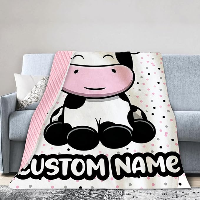 Personalized Baby Blankets for Girls, Custom Name Cow Pattern Baby Blanket, Soft Minky Dot Blanket for Newborns and Toddlers, Ideal for Baby Showers Christmas Brithday Gifts