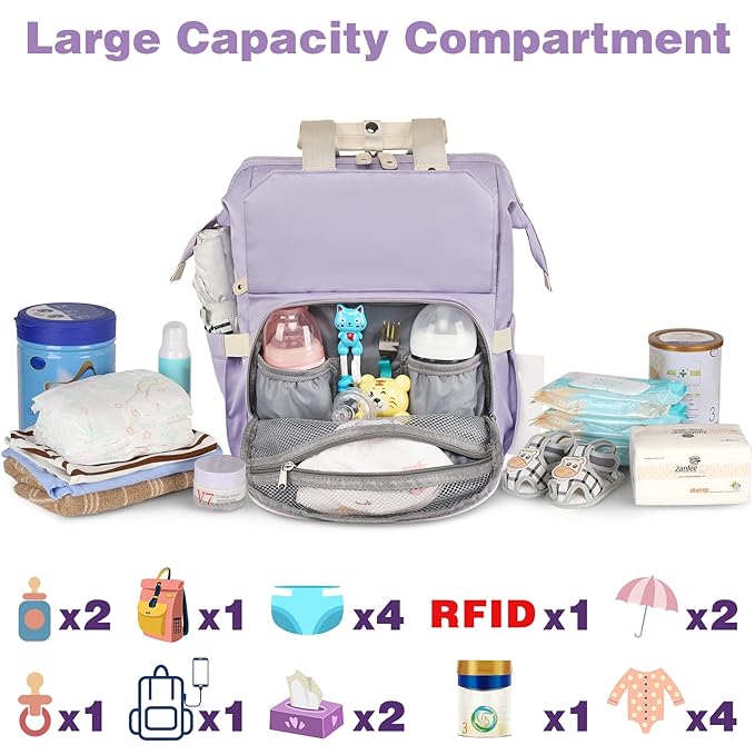 Jiefeike Diaper Bag Backpack,Purple Travel Backpack for Dad Mom Boys Girls,Insulated Pockets Portable Baby Nappy Bags with USB Charging Port,RFID Anti-Theft Water-Resistant Pocket Stroller Straps
