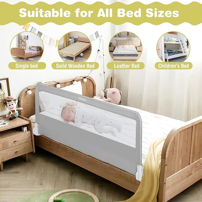 INFANS Bed Rail for Toddlers, 58" Foldable Safety Baby Crib Rail Fit for Kids Twin, Extra Long Swing Down Bed Guardrail for Convertible Crib, Queen, Full, King Mattress Side Guard (Light Gray)