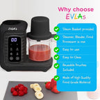 EVLA'S Double Baby Food Maker with 2 Steaming Baskets, Steamer, Blender, Grinder, Food Processor, Cook & Blends Healthy Baby Food in Minutes, Touch Screen, with 6 food pouches, Dark Grey