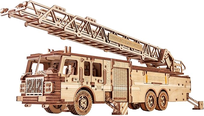 Wood Trick Rescue Firetruck Movable - Rotating Extendable Ladder - 3D Wooden Puzzles for Adults and Kids to Build - Rides up to 20 ft - Wooden Models Engineering DIY Project Mechanical Model Kit