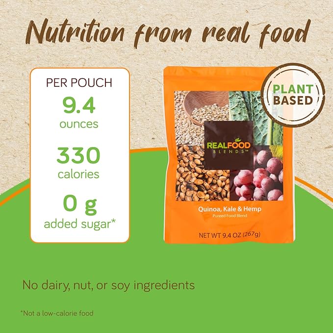 Real Food Blends Quinoa, Kale & Hemp - Pureed Food Meals for Tube Feeding with Protein, Vegetables & Fruits - Plant-based - 340 Calories for Breakfast, Lunch & Dinner - 9.4 oz (Pack of 12)
