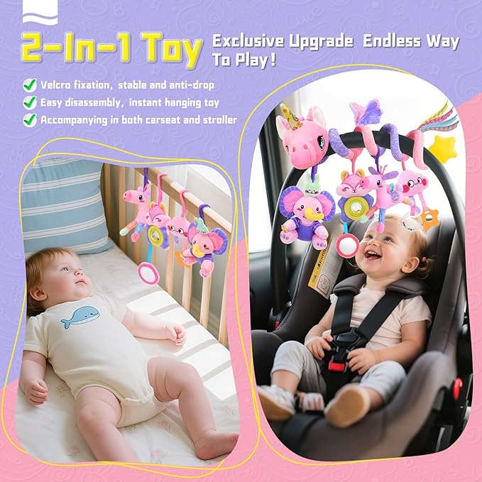 Musical Car Seat Toy for Babies 0-12 Months Girl, 5-in-1 Sensory Activity Hanging Toy Stroller Toy with Soothing Music, Rattle, Mirror for Newborn Infants Essential Gifts, Unicorn