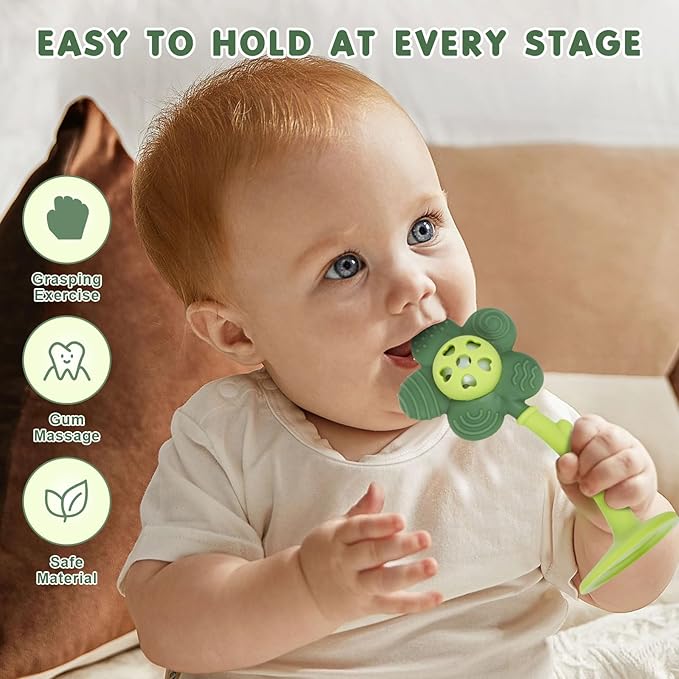Baby Teething Toys and Rattle 2-in-1 for Babies 0-6 6-12 Months, Food Grade Silicone Teethers for Baies 3-6 Months, Infant Teething Relief Chew Toys, Sunnyflower Teether Toy BPA Free - Green