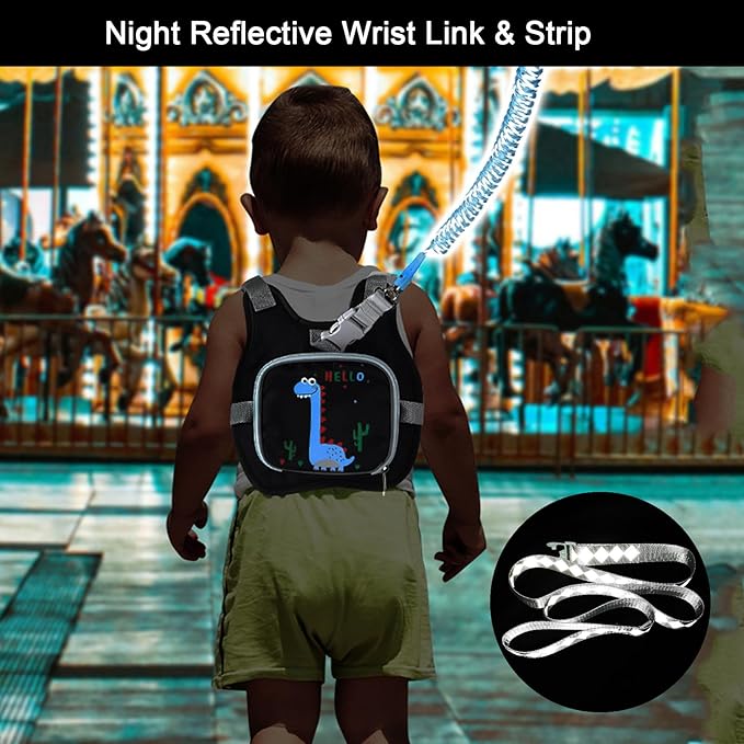 Accmor Toddler Harness Leash+ Reflective Anti Lost Wrist Link, Cute Dinosaur Kids Harness with Leash, Foldable Child Harness Baby Leash Boys Walking Wristband Assistant Belt for Outdoor Travel
