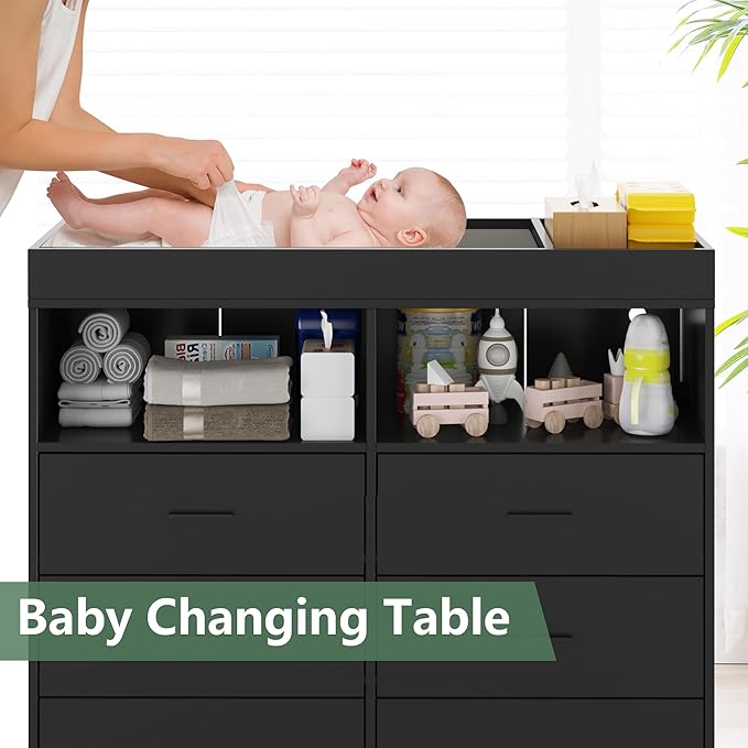 Dresser for Bedroom with 6 Drawers, Multi-Functional Nursery Dresser with LED Lights & Charging Station,Baby Changing Table Table with Diaper Changing Station