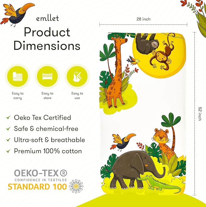 100% Cotton Crib Sheet – “Safari Friends” Jungle Animals Theme, Cute Breathable Bedding for Babies, Fits Standard Crib 52x28 Inches