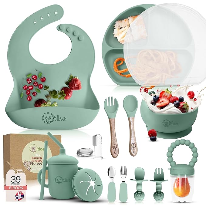 O'doe 17-Piece BPA-Free Silicone Baby Feeding Set | Thick & Soft Suction Plates, Baby Bowls, Wooden Fork & Spoon, and More | Make Mealtime Fun and Easy for Your Little One (Green, V2)