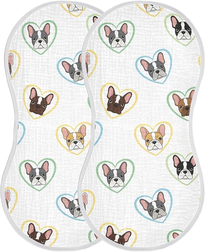 2 Pack Muslin Burp Cloths Bulldog Hearts White Cotton Baby Burp Cloths Absorbent Burping Cloth Soft Spit Up Rags for Newborn Babies Boys Girls 22x11 Inch