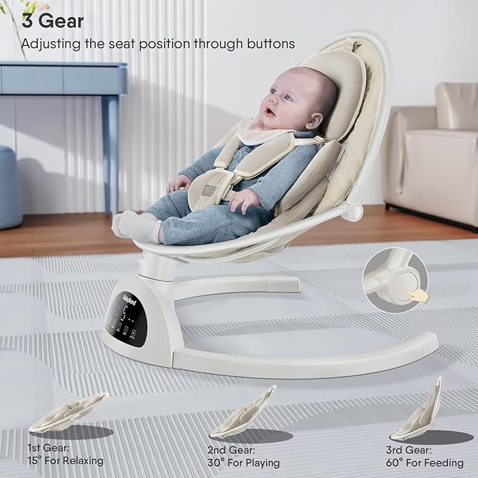 BabyBond Baby Swings for Infants, Bluetooth Infant Swing with Music Speaker, 3 Seat Positions, 5 Point Harness Belt, 5 Speeds and Remote Control - Portable Baby Swing for Indoor and Outdoor (Beige)