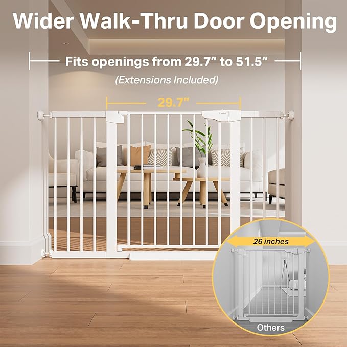 Cumbor 29.7"–51.5" Extra Wide Baby Gate for Stairs, Pressure-Mounted Dog Gates for Doorways & Hallways, Auto-Close Walk-Through, No-Trip Design, Child Proof Safety, Dog/Pet Gate for Indoor Use, White