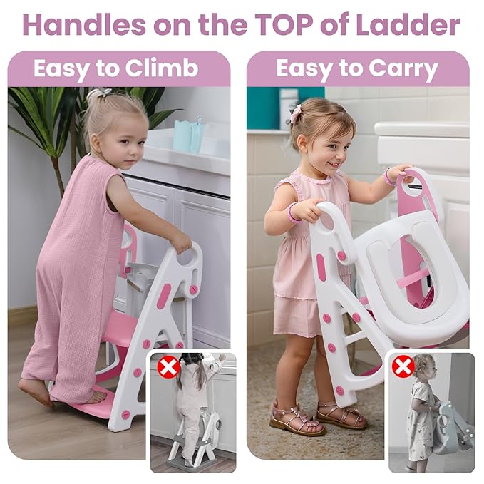 Primlect Potty Training Seat, 2-in-1 Toddler Toilet Seat with Step Stool, Ultra-Stable Potty Chair Attachment, Adjustable Seat and Step Ladder, Non-Slip Design, Splash Guard for Boys and Girls(Pink)