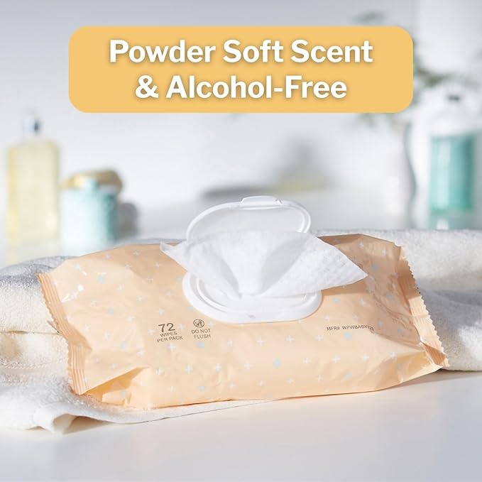 McKesson Baby Wipes, Baby Powder Scent (12 Packs, 864 Wipes) - Aloe & Vitamin E, 99% Water, Flip-Top Lid, Wipes for Sensitive Skin & Diaper Rash, 6.8 in x 7 in, 72 per pack