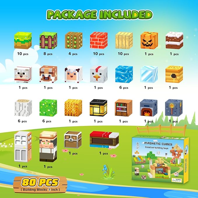 Magnetic Blocks, Magnetic Building Blocks, Magnet Cubes Kids Toys Farm games, Sensory STEM Building Toys for 3-5 4-6 5-7 6-8 Year Old Boys Girls, Christmas Birthday Gifts for Boys & Girls Ages 3+