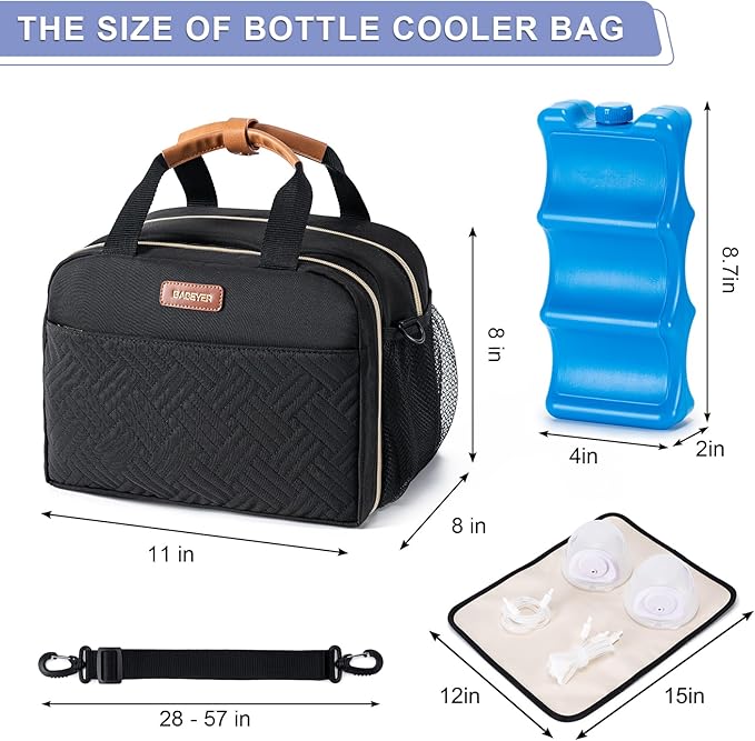 Breastmilk Cooler Bag with Ice Pack Fits 6 Baby Bottles Up to 9 Ounce, Compatible with Wearable Breast Pumps & Accessories-Black