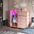 6 Drawer Dresser for Bedroom with Clothes Rack, Clothes Dresser with Side Pockets and Hooks, Charging Station & LED Lights, Wooden Top, Fabric Storage (Pink)