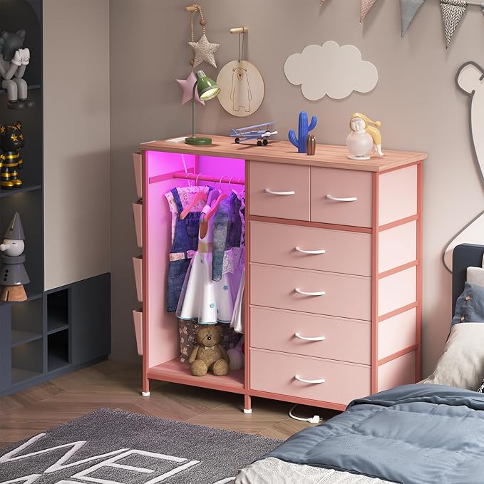 6 Drawer Dresser for Bedroom with Clothes Rack, Clothes Dresser with Side Pockets and Hooks, Charging Station & LED Lights, Wooden Top, Fabric Storage (Pink)