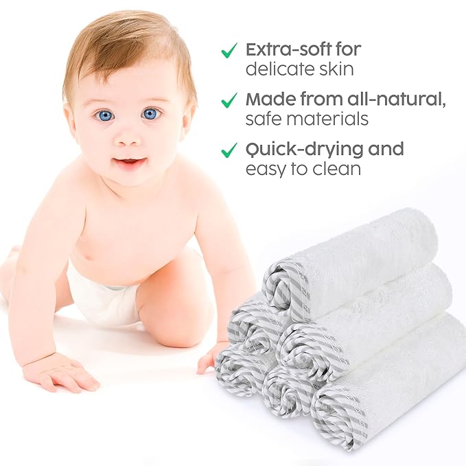 San Francisco Baby Bamboo Rayon Washcloths for Newborn - Soft, Absorbent, 6-Piece, White