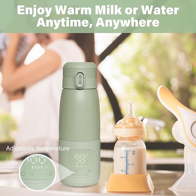 Portable Bottle Warmer for Travel - 5-Min Heating for Breast Milk, Formula & Water, 12oz Large Capacity, Long Battery Life, Baby Flask for Vehicle Car Airplane Journey