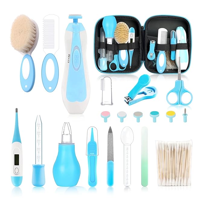 Baby Grooming Kit，Electric Safety Nail Trimmer Baby Nursery Kit，Infant Safety Care Set with Hair Brush Comb Nail Clipper Nasal Aspirator,Baby Essentials Kit for Newborn Girls Boys (21 PC-Blue Kit)